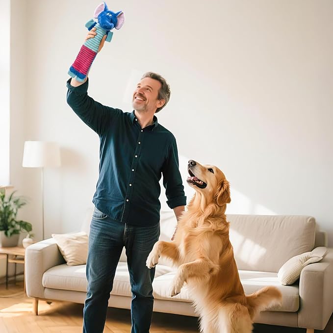 3 Pack No Stuffing Dog Squeaky Toys, Dog Chew Toys with Crinkle and Squeaker, Cute Animal PlushToys to Keep Them Busy, Suitable for Large, Medium and Small Breeds (Elephant&Monkey&Cattle