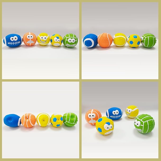 5-Pack Squeaky Dog Balls – Cartoon Face Ball Latex Dog Toy Ball Set for Indoor & Outdoor Play