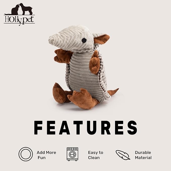 Hollypet Plush Dog Squeaky Toy Stuffed Armadillo Animal Pet Puppy Chew Toys with Clean Teeth for Small Medium Large All Breed Sizes Dogs, Gray, 10 in