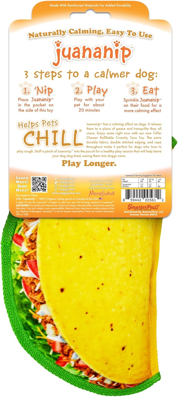 Doggijuana Tuffer Chewer Plush Dog Toy | Funny Dog Toy Plush with Juananip Catnip for Dogs | Calming Aid for Dogs | Interactive Squeaky Chew Toy for Play (Taco)