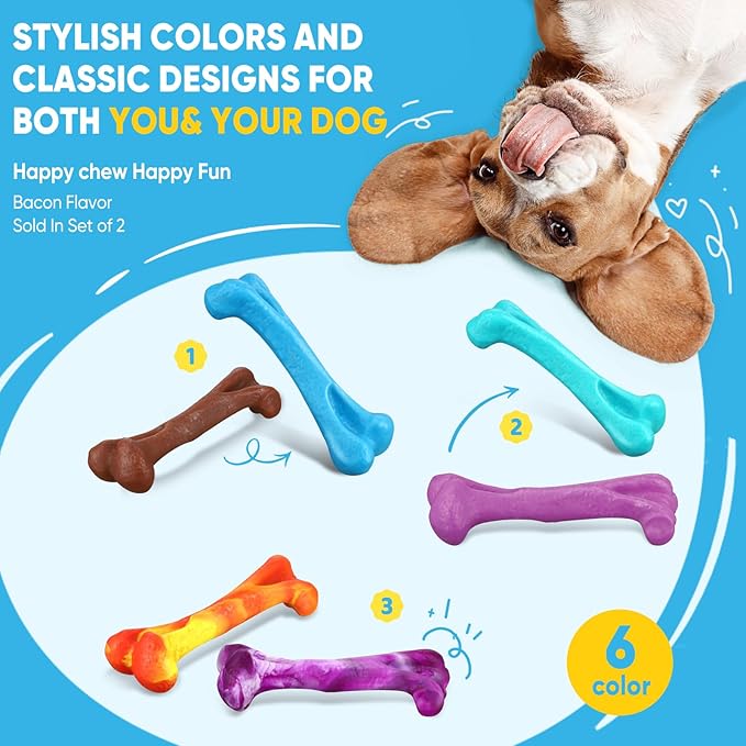 Mitzifuzz Tough Dog Toys for Aggressive Chewers, Interactive Dog Toys to Keep Them Busy, Dog Chew Toys Long Lasting for Large/Medium/Small Dogs, for Teeth Cleaning, Bacon Flavor(2pcs, Blue+Coffee)