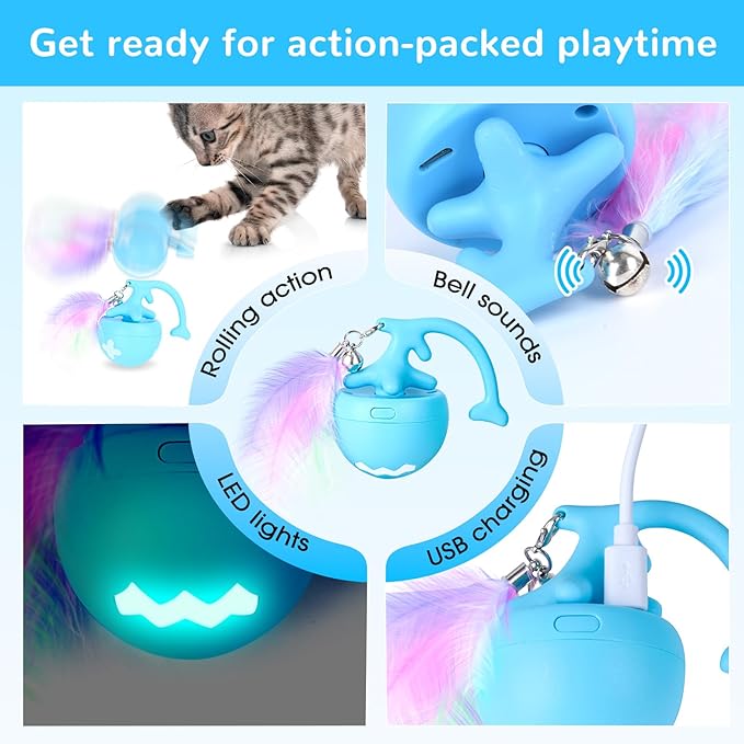 Interactive Moving Cat Toy Ball - Self-Play for Indoor Cats, Kittens to Adults | Smart Obstacle Avoidance, LED Light | Quiet All-Terrain, Fur-Proof, USB Rechargeable