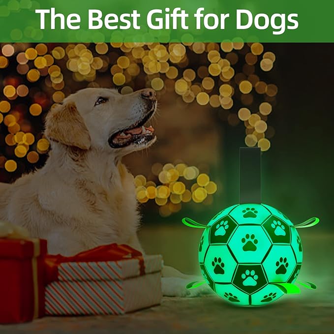 Amasiver Glow in The Dark Dog Toys - 8 Inch Upgraded Interactive Light Up Soccer Balls, World Cup Dogs Football, Outdoor Tug Toys for Medium & Large Dogs Birthday Gifts