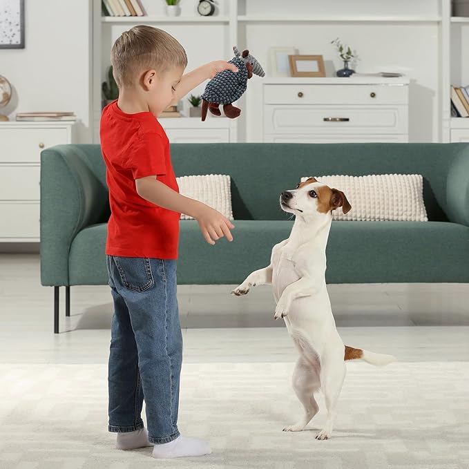 Hollypet Plush Dog Squeaky Toy Stuffed Armadillo Animal Pet Puppy Chew Toys with Clean Teeth for Small Medium Large All Breed Sizes Dogs, Black and White,8 in