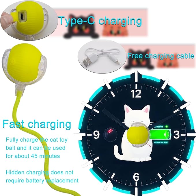 Interactive Cat Dog Toy Ball: Indoor Small Automatic Moving Smart Rolling Fun Pet Game with Led Light and String Tail for Motion Activated, Cute Kitten Puppy Present, Exercise Wheel Supplies (Yellow)