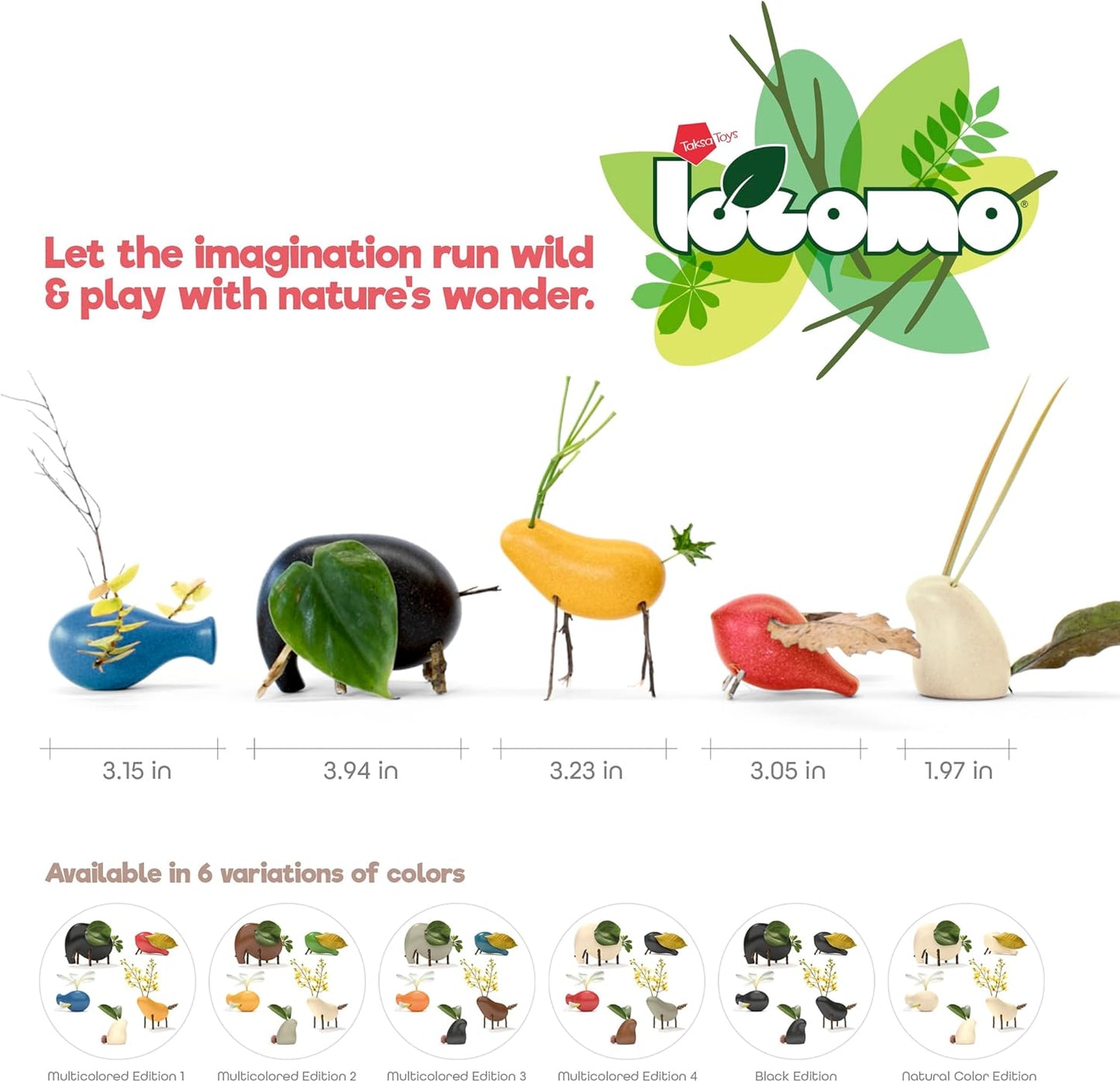 Nature Wooden Toys Locomo Family II Animal Figures Waldorf Open-Ended Educational Outdoor Play for Childs Learning & Creativity, Sensory for Kids 3 4 5 6 7+ Year Old, Montessori Toy Gifts (Set of 5)