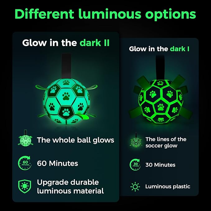 QDAN Premium Glow in The Dark Dog Toys, Dog Ball with Straps, Soccer Ball for Dogs, Outdoor Dog Toys, Pet Birthday Toys, Puppy Essentials for Medium to Large (8Inch)