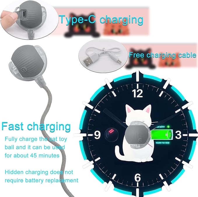 Interactive Cat Dog Toy Ball: Indoor Small Automatic Moving Smart Rolling Fun Pet Game with Led Light and String Tail for Motion Activated, Cute Kitten Puppy Present, Exercise Wheel Supplies (Grey)