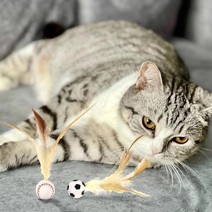 Wanheart 6 Cat Bouncy Balls with Feathers, Rubber Cat Toys Bouncy Balls, Fun Teething Toys, Indoor/Outdoor Interaction
