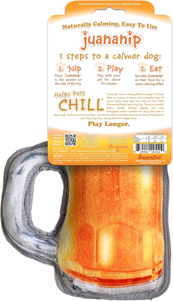 Doggijuana Tuffer Chewer Plush Dog Toy | Funny Dog Toy Plush with Juananip Catnip for Dogs | Calming Aid for Dogs | Interactive Squeaky Chew Toy for Play (Beer Mug Toy)