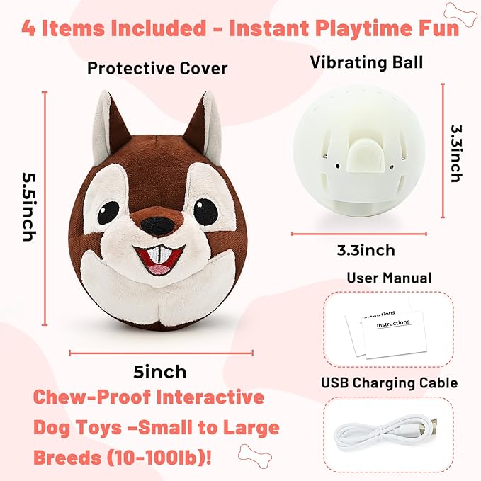 Interactive Dog Toys - Auto Bounce, Move & Vibrate with Sound, Talking Squirrel Puppy Toy for Small Medium Large Dogs, Rechargeable Durable Toy for Anxiety Relief, Boredom & Indoor Play