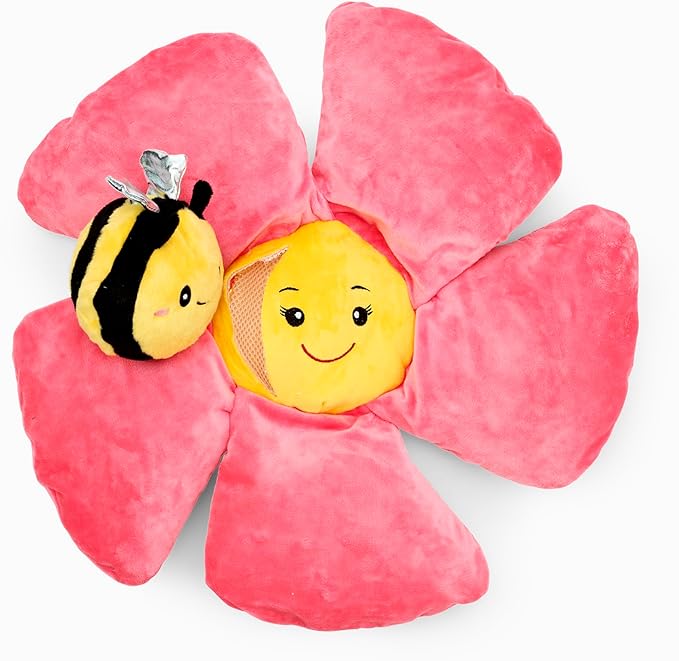 Flourish Pets 3 in 1 Multi-Layer Chew Toy for Active Dogs | Non-Toxic BPA Free Double Stitched Soft Fabric Exterior Dog Toys | Long-Lasting Dog Plush Toys - Small Pink Poppy 13"