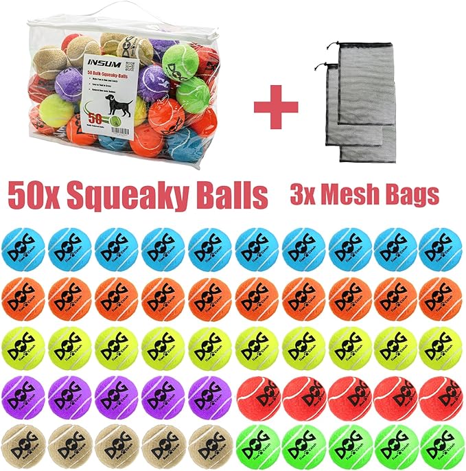 Squeaky Tennis Balls for Dogs - Bulk 50 Pack 2.5'' Durable Non-Toxic Outdoor Dog Toys Balls with Mesh Bag, SGS Certified, Colorful Fetch Toys, Medium Large Breeds