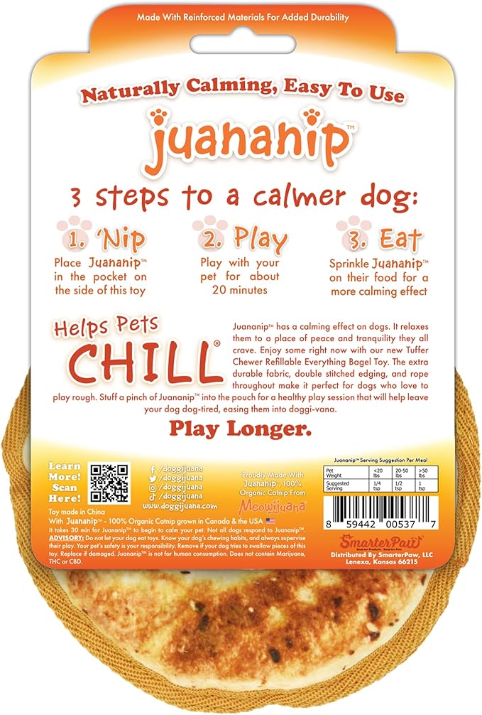 Doggijuana Tuffer Chewer Mini Plush Dog Toy | Funny Dog Toy Plush with Juananip Catnip for Dogs | Calming Aid for Dogs | Interactive Squeaky Chew Toy for Play (Bagel)