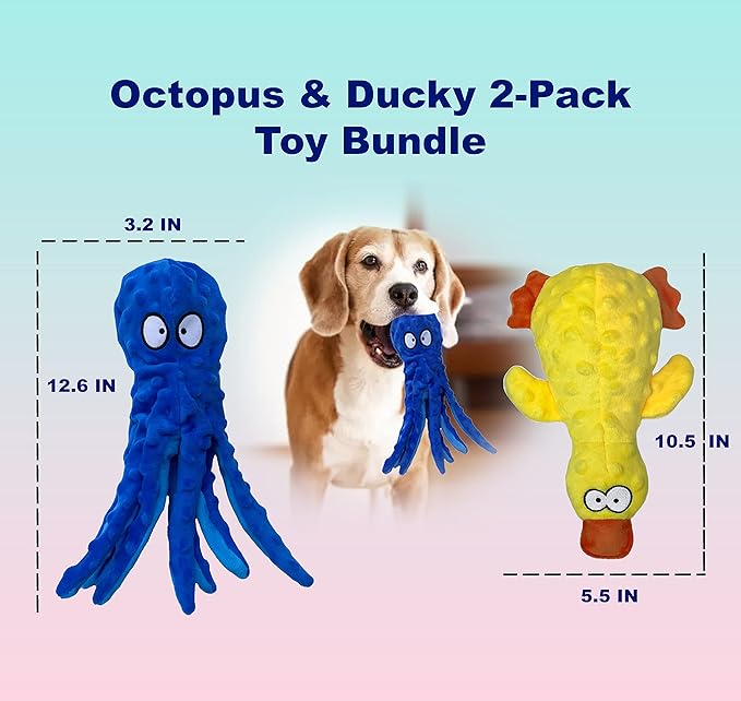 Squeaky Dog Toys for Small, Medium and Large Breeds - Tough, Durable and Soft Crinkle Plush Puppy Toys for Boredom (Octopus+Ducky) 2pack