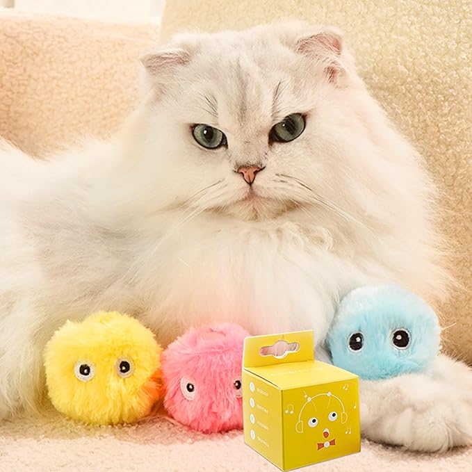 Cat Toy Balls with Sound, Chirping Cat Toys with Catnip, 3 Pcs Fluffy Plush Toy Balls, Interactive Kitten Toys for Indoor Cats (Bird+Frog+Crickets, Plush)