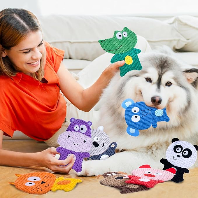 No Stuffing Dog Squeaky Toys, 8 Pack Cute Animal Durable Plush Interactive Teething Chew Toys, Pet Entertaining Toy for Puppy & Small Medium Breeds