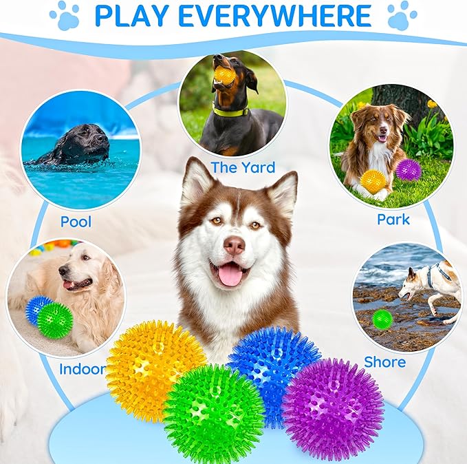 4-Pack Large Squeaky Dog Balls, 4.5" Rubber Spiky Dog Balls for Large Medium Aggressive Chewers Teeth Cleaning, Chew Toy for Training & Boredom Buster