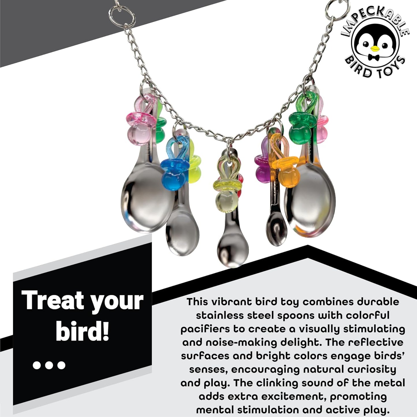 1969 Spoon Pacifier Shine - Handcrafted with Stainless Steel Spoons, Acrylic link chain and Acrylic Pacifiers, Shiny and noisy, Great for Medium size birds African Greys Conures Amazons and More