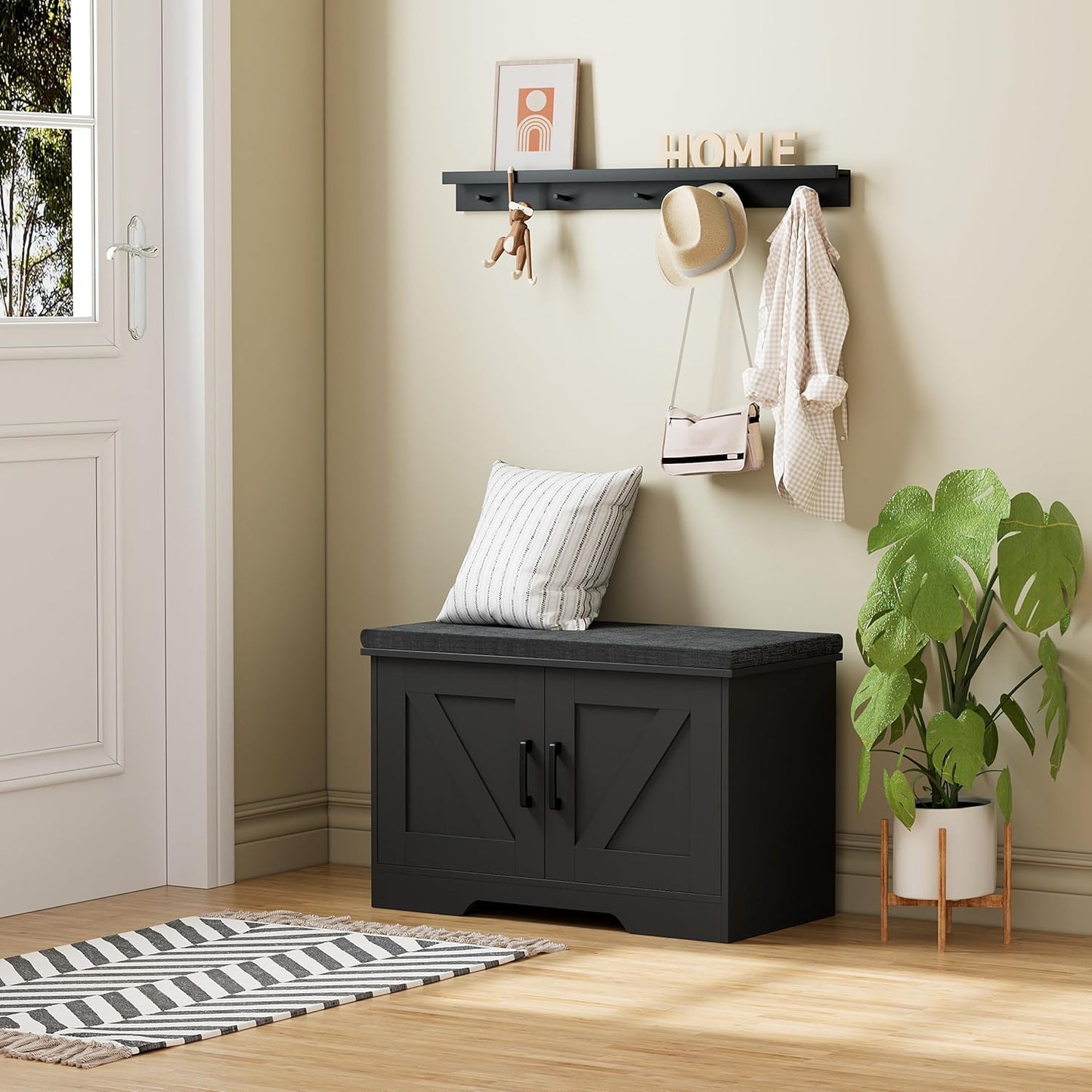 2-Tier Storage Bench, Shoe Bench with Padded Seat Cushion, Entryway Bench with 2 Barn Doors, Adjustable Shelf, 13.8" D x 27.6" W x 17.7" H, for Entryway, Living Room, Bedroom, Black