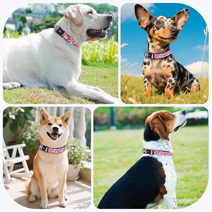 Reflective Dog Collar with Soft Padding Dog Collar for Medium & Small Dogs, No Pull, Heavy Duty, Adjustable Nylon Collar with Quick-Release Buckle, Walking Training-Pink camo-M