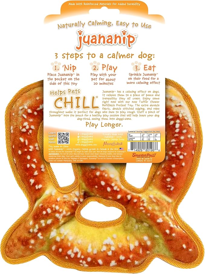 Doggijuana Tuffer Chewer Plush Dog Toy | Funny Dog Toy Plush with Juananip Catnip for Dogs | Calming Aid for Dogs | Interactive Squeaky Chew Toy for Play (Pretzel)