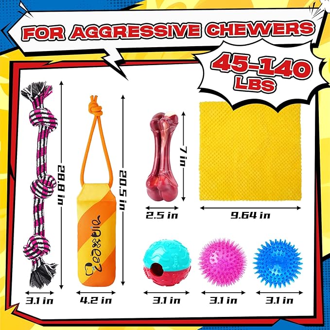 Zeaxuie 12 Pack Heavy Duty Various Dog Chew Toys Pack for Aggressive Chewers - Includes Large Rope Toy, Squeaky Toys & Indestructible Chew Bone for Medium, Large & X-Large Breeds Dogs