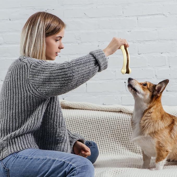 Sosation 3 Pack Chew Toys for Aggressive Chewers, Bone Toys Nylon Beef Flavor Dog Teething Toys for Large/Medium/Small Puppies Breeds(Large, Medium, Curved Bone)