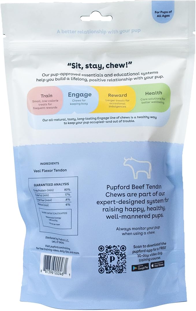 Pupford Thick Beef Tendon Chews for Dogs & Puppies, All-Natural Dog Chew with Glucosamine for Joint Health, Long-Lasting Toy, Great for Teething (3 Count)