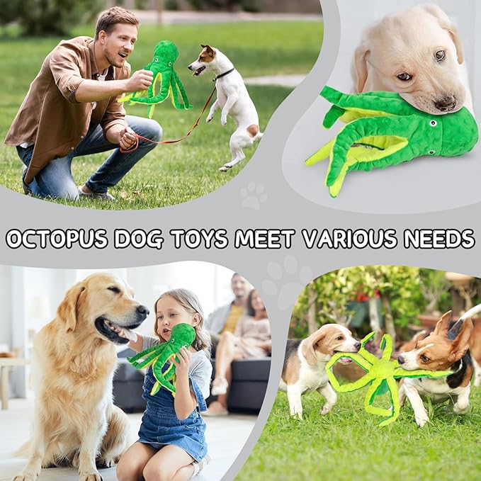 2 Pack Octopus Squesky Dog Toys for Large Medium Small Dogs, Stuffed and Tough Plush Dog Toys for Aggressive Chewers (Green+Yellow)