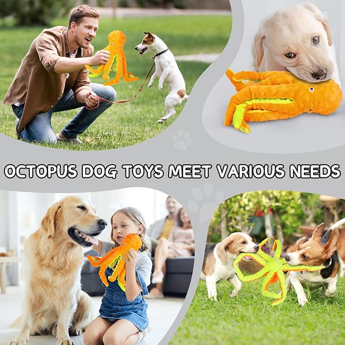 2 Pack Octopus Squesky Dog Toys for Large Medium Small Dogs, Stuffed and Tough Plush Dog Toys for Aggressive Chewers (Blue+Yellow)