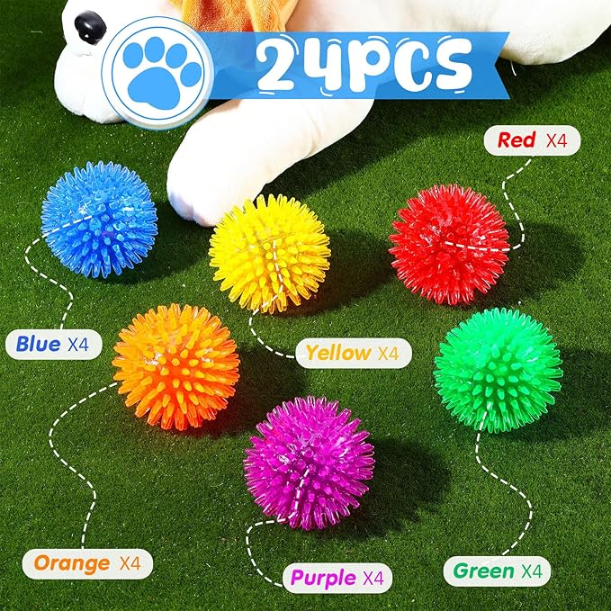 24 Pack Squeaky Dog Toys Balls 2.56'' Spiky Dog Balls Floating Pool TPR Puppy Fetch Chew Toy for Small Medium Doggy Aggressive Chewers Clean Teeth Training(Blue, Green, Orange, Purple, Red, Yellow)