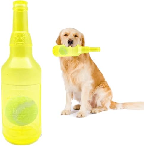 Dog Toys for Aggressive Chewers,Rubber Bottle Dog Toy Contains Tennis Ball,Indestructible Dog Toys for Large Dogs, Durable Dog Toys, Squeaky Dog Toys (Yellow, L)