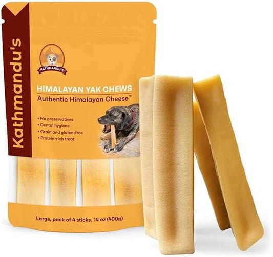 KATHMANDU'S Authentic Yak Cheese Himalayan Dog Chews Large (Pack of 4) - All Natural High Protein Dog Treats Per Chew, Delicious & Long Lasting for Aggressive Chewers | Odor & Gluten Free Chews