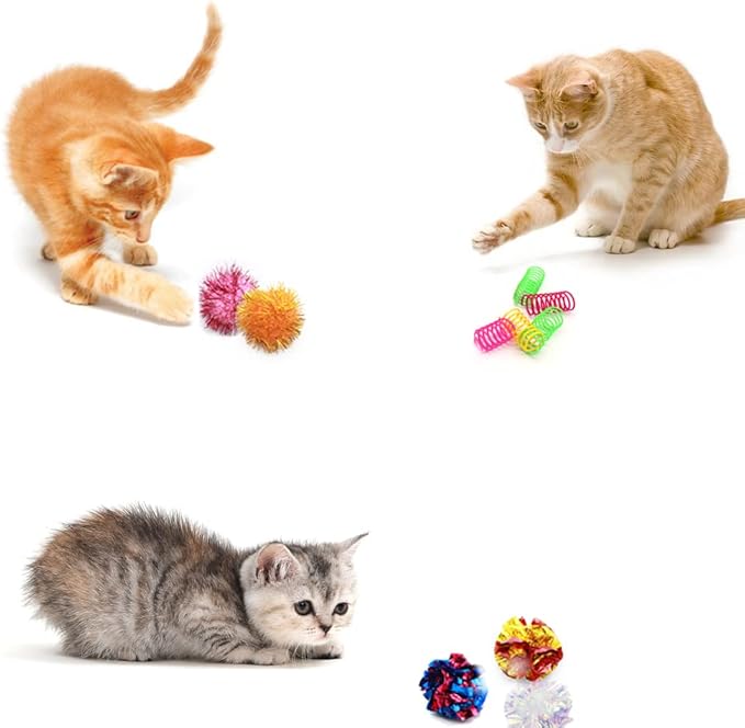 LASOCUHOO Cat Toys, 30 Packs Interactive Cat Toy Pack Including Cat Crinkle Balls, Cat Sparkle Balls, Spiral Springs for Most Cats