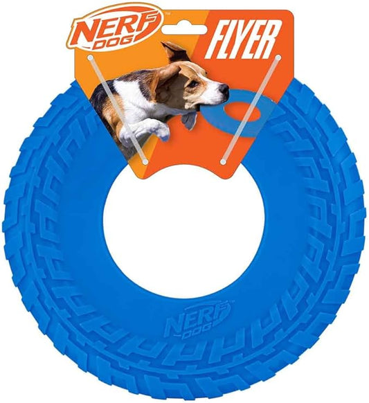 Nerf Dog Tire Flyer Outdoor Dog Toy, 10 Inch Flying Disc Dog Fetch Toy, Rubber Dog Toy for Medium Dogs and Large Dogs, Blue