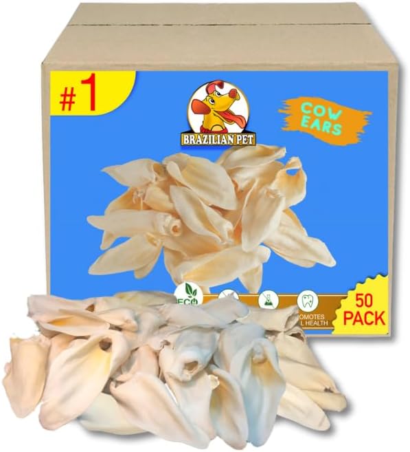 Brazilian Pet 100% Natural Real Cow Ears (50 Pack) Prime Dog Chews, Over 5 inches Free Range Grass Fed Cattle, No additives, Chemicals or Hormones