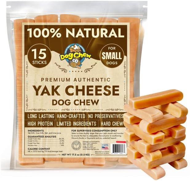 Tibetan Dog Chew Yak Cheese Sticks - Natural Treats for Small to Large Dogs, Lasting, Digestible, Promotes Dental Health, Rawhide and Grain-Free, Ideal for Aggressive Chewers, 15-Pack