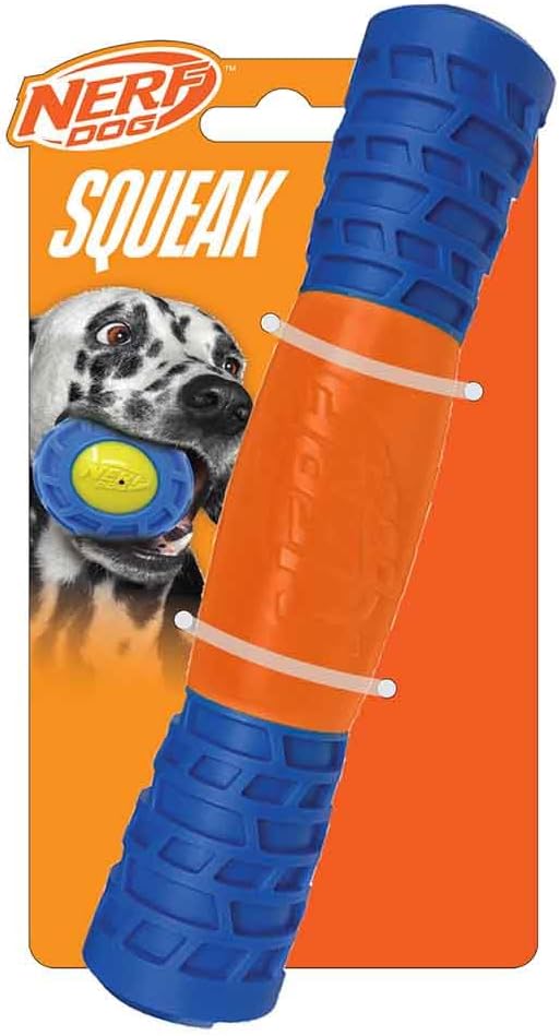 Nerf Dog Exo Squeak Stick Outdoor Dog Toy, 8 Inch Squeaking Puppy Toy for Puppies and Small Dogs, Blue/Orange