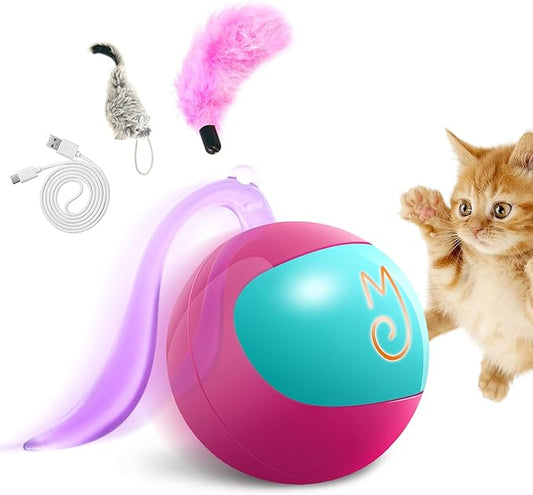 Migipaws Interactive Cat Ball Toy Set, Fun Tracker, Automatic Rolling Chase Ball with Fluffy Tail, A Small Mice, Rechargeable (Rose)