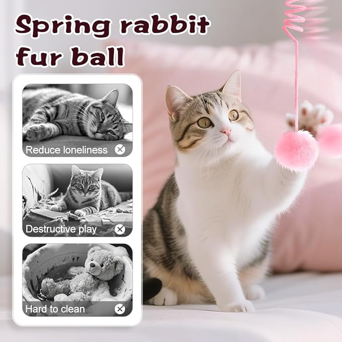 Hanging Fluffy Cat Catnip Ball Toys,2025 New Interactive Cat Toy for Indoor,Kitten Play Chase Exercise Toys,Long Tail Stretchable Soft Plush Teaser Ball with Bell (Pink)