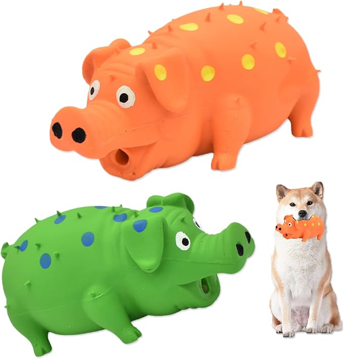 Pig Squeaky Dog Toy, 2 PCS Interactive Rubber Dog Chew Toy - Durable Latex Spot Grunting Pig Toys That Oink for Small Medium Large Dogs (Orange, Green)