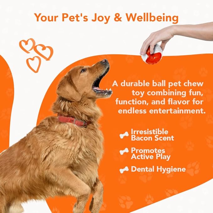 Chew Ball for Dogs, Bacon Scented Durable Dog Ball Toy, Long-Lasting & Tough Balls for Oral Health, Odor Stimulating Dog Toys for Aggressive Chewers