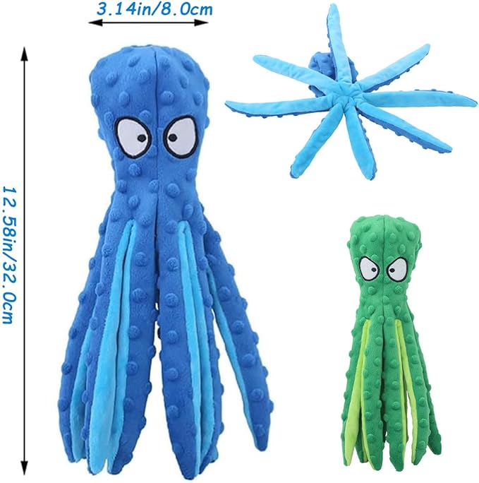Whiskerspot Eco-Friendly Octopus Plush Dog Toy - No Stuffing, Durable and Fun Chew Toy for Dogs, Blue and Green (A)
