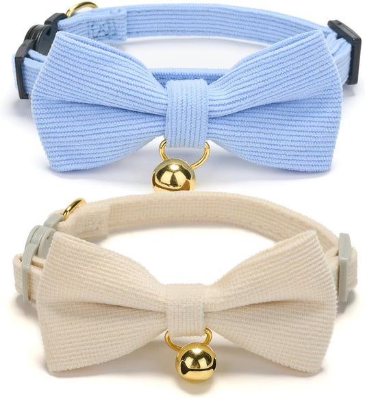 2 Pack Soft Corduroy Cat Collars with Bow Tie & Bell, Adjustable Breakaway Cotton Kitty Bowtie Collar for Female Male Cats(White & Blue)