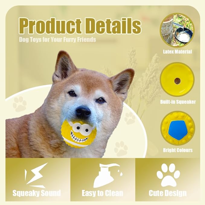 5-Pack Squeaky Dog Balls – Cartoon Face Ball Latex Dog Toy Ball Set for Indoor & Outdoor Play