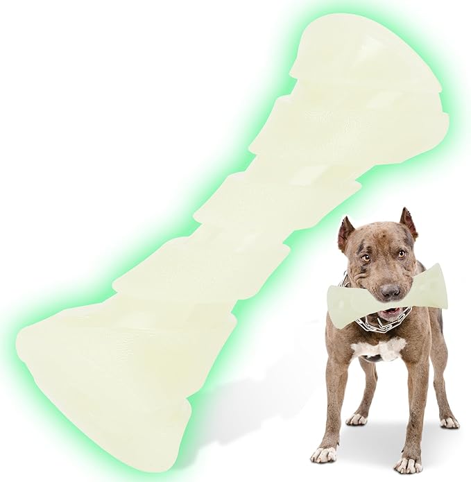 Glow in The Dark Dog Chew Toy, Rubber Dog Toys to Keep Them Busy, Interactive Treat Dispensing Puzzle Toy with Teeth Cleaning, Outdoor Fetch & Nighttime Play