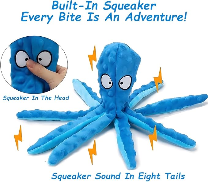 Whiskerspot Eco-Friendly Octopus Plush Dog Toy - No Stuffing, Durable and Fun Chew Toy for Dogs, Blue and Green (B)