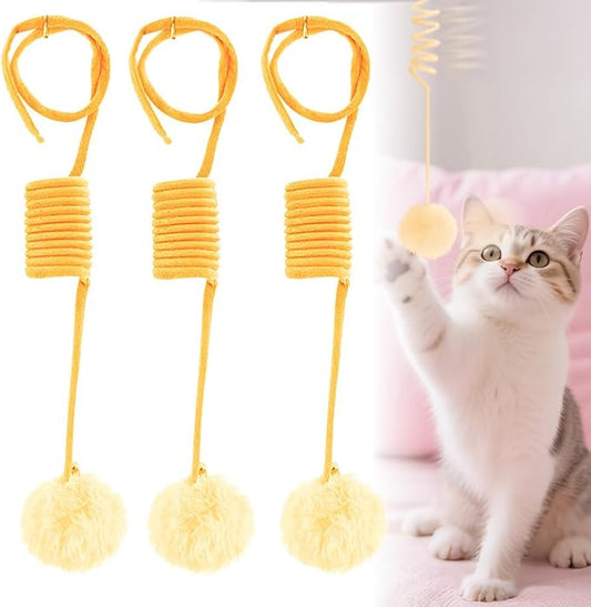 Hanging Fluffy Cat Catnip Ball Toys,2025 New Interactive Cat Toy for Indoor,Kitten Play Chase Exercise Toys,Long Tail Stretchable Soft Plush Teaser Ball with Bell (Yellow)