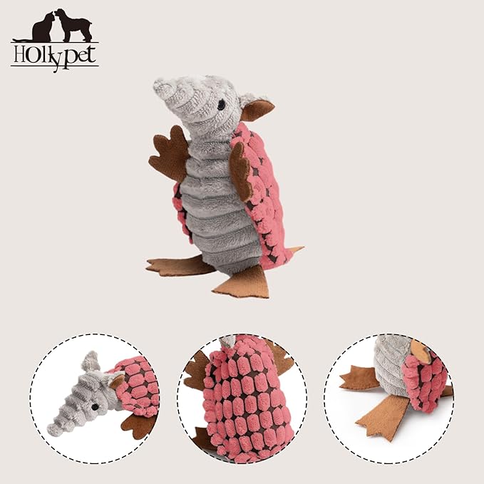 Hollypet Plush Dog Squeaky Toy Stuffed Armadillo Animal Pet Puppy Chew Toys with Clean Teeth for Small Medium Large All Breed Sizes Dogs, Bright Pink, 6 in